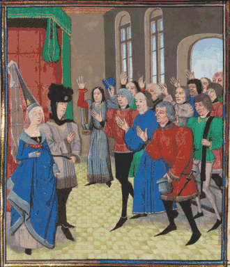 A colourful Medieval depiction of a group greeting a well dressed man and woman