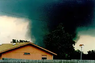 A photograph of the tornado prior to impacting the Double Creek Estates neighborhood of Jarrell. It is seen behind a tree and a home while presenting a wedge- shape.