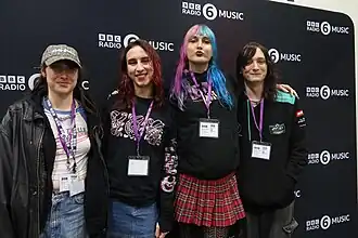 Jasmine.4.T and backing band after performing on BBC Radio 6 Music; left to right: Eden, Phoenix, Jasmine, Emily