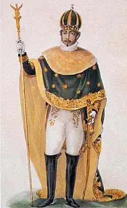 In the painting of Jean-Baptiste Debret (1822), Emperor Pedro I of Brazil wearing the imperial mantle coated with green fabric.