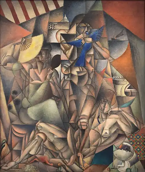 Jean Metzinger, 1912–1913, L'Oiseau bleu, (The Blue Bird), oil on canvas, 230 × 196 cm, Musée d'Art Moderne de la Ville de Paris