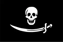 Interpretation of Bartholomew Roberts' Jolly Roger as described by an eyewitness in the Boston Gazette, 22 August 1720: “a Black Flag with Death's head and a cutlass in it”.[40]