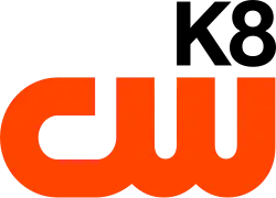 The CW network logo in orange with the label "K8" placed above it, right-aligned, in dark green