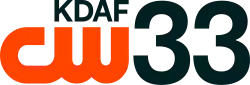The CW logo, an orange thick logo with the letters C and W connected, in the lower left. Above it, right-aligned, is the words KDAF capitalized in a sans serif. To the right of both, full-height, is a sans-serif numeral 33.