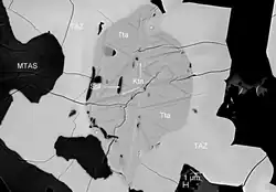 SEM BSE images showing kaitianite (Ktn) with tistarite (Tta), Ti,Al,Zr-oxide (TAZ), MgTi3+2Al4SiO12 phase (MTAS), spinel (Spl), sapphirine (Spr), and Ti-sulfide (Ti-S) in corundum Grain 1125C2. The upper rectangular area in (b) are enlarged in (c)