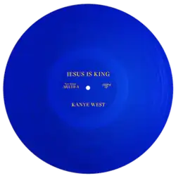 A blue LP vinyl with yellow lettering of the "Jesus Is King" album.