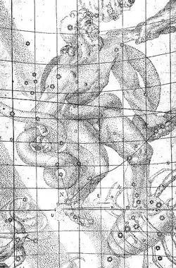 Detail showing the stella nova marked "N" in the right foot of Ophiuchus.