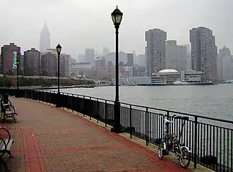 Looking north from Captain Patrick J. Brown Walk to Waterside Plaza in Kips Bay on a drizzly day