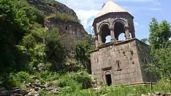 The belltower of Kobayr Monastery, where the tomb of Shahnshah Zakarian is located.