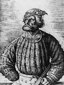 Court jester of Emperor Maximilian I. Etching by Daniel Hopfer, (1493)