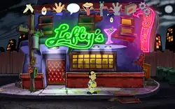 Screenshot showing Larry outside a bar and hotel, with point-and-click interface elements visible