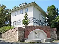 Olbrich's house, reconstructed in a simpler style after it was destroyed in World War II. Only the colored checkerboard design is original.