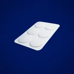 A 3D white blister pack on a navy blue background