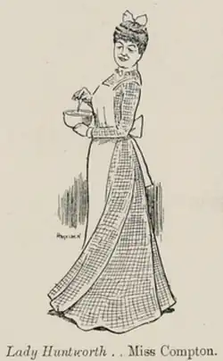 black and white sketch of middle aged white woman in long Victorian frock, wearing a cook's apron
