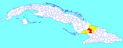 Las Tunas municipality (red) within Las Tunas Province (yellow) and Cuba