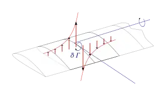 The shed vortex can be modeled as a vertical velocity distribution