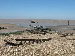 Remains of a pile barrage and wrecked boats at Royal Oak Point, East End.
