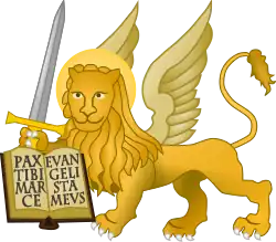 Part of Venice's coat of arms: a winged lion holding a sword upright and showing an opened book with the words: "Pax tibi, Marce, evangelista meus."