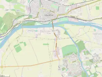 Leitmeritz and Theresienstadt on opposite sides of the Elbe; Small Fortress is on the right of the Eger; the Main Fortress on the left of the river housed the ghetto.[1]