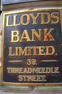 Old-fashioned metal address plaque for Lloyds Bank, 39 Threadneedle Street, London