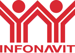Infonavit logo: silhouette of red houses made to resemble two people raising their arms together