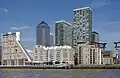 Cascades and Canary Wharf viewed from River Thames. August 2013.