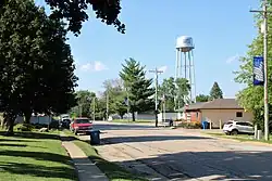 Street scene and water tower in Long Grove