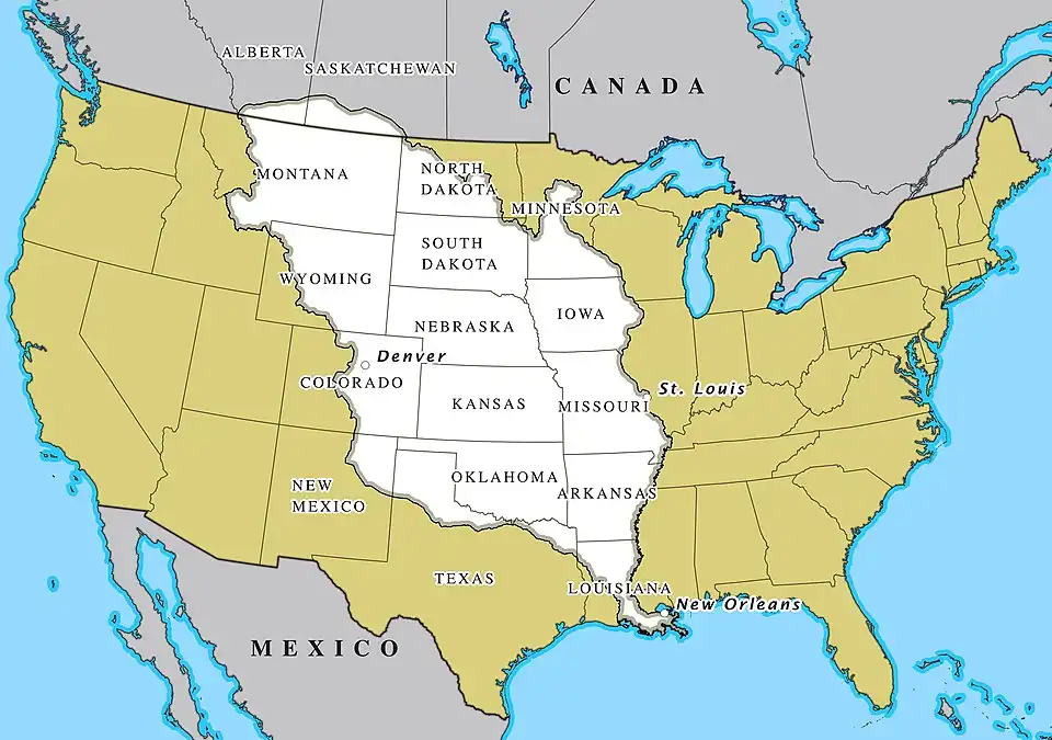 Louisiana Purchase (1803), map of present-day United States with an overlay of the Louisiana Purchase in white