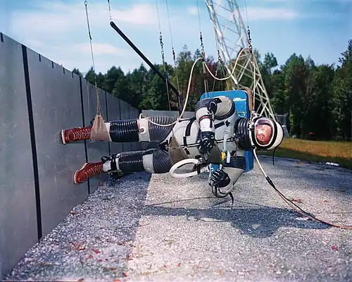 Astronaut training at the Reduced Gravity Simulator in the pressurized spacesuit