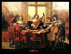Painting by Abraham Bosse, Musical Society, French, c. 1635. Subject matter depicts amateur social music making, featuring lute, bass viol, and singers, with part books spread around the table. This is also representative of one kind of broken consort, albeit with minimal instrumentation.