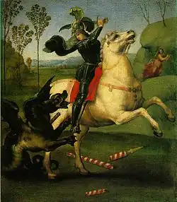 Saint George and the Dragon, a small work (29 x 21&nbsp;cm) for the court of Urbino (Louvre)
