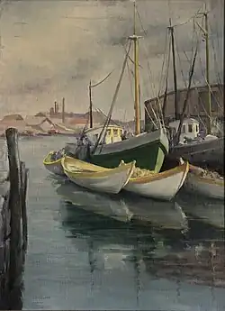 Oil painting of boats moored in a harbor