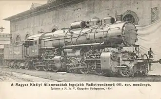 The four-cylinder 2,950 hp (2,200 kW) MÁV Class 601 was the strongest steam locomotive of pre WW1 Europe.[84][85][86]