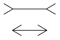 Diagram of two horizontal lines with arrow-like components at their ends