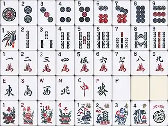 America style. Numbers or letters are marked in a different position than Europe style. Joker tiles are present. "Plum blossom, Orchid, Chrysanthemum, Bamboo" are replaced by "福 Fortune; 禄 Prosperity, 寿 Longevity, 貴 Nobility".