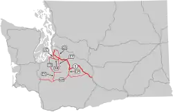 A grey map of Washington state with dark grey lines representing U.S. routes and a thick red line for PSH 5 and thin red lines for branches of PSH 5.