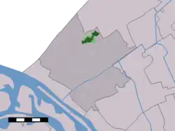 The town centre (dark green) and the statistical district (light green) of Poeldijk in the municipality of Westland.