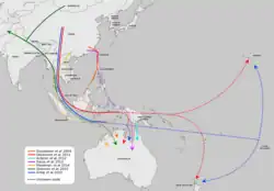 Image 35Map depicting possible phylogeographic origins of dingoes, New Guinea singing dogs, and Island Southeast Asian and Oceanian dogs, based on recent genetic evidence (Fillios & Taçon, 2016) (from Domestication of the dog)
