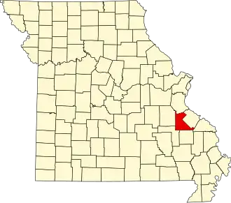 A state map highlighting Saint Francois County in the southeastern part of the state.