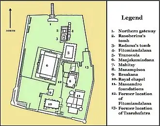 Map showing eleven structures of various sizes, overlaid on top of the earliest map
