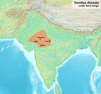 The Kingdom of Mewar at its greatest extent under the Sisodiya dynasty during the reign of Rana Sanga.