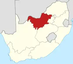 Map indicating the extent of North West within the Republic of South Africa