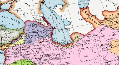 A map of the northern Middle East, the Caucasus and the Caspian basin with different color shades denoting the stages of expansion of the caliphate