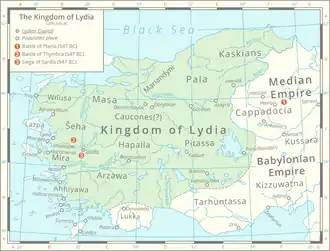 Image 26Map of the Lydian Kingdom in its final period of sovereignty under Croesus, c. 547 BC. (from History of Turkey)