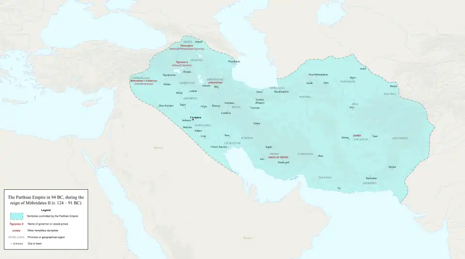 The Parthian Empire in 94 BC at its greatest extent, during the reign of Mithridates II (r. 124–91 BC)