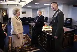Thatcher sharing a laugh with Donald Rumsfeld and Peter Pace