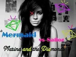 A black-and-white photograph of Marina Diamandis staring into the camera surrounded by diamond-shaped clipart.