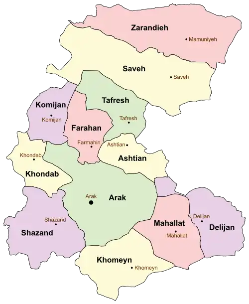 Location of Delijan County in Markazi province (bottom right, purple)