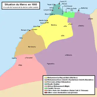 State of fragmentation of Morocco after the assassination of the last Saadian sultan (Zawia of Dila in yellow)