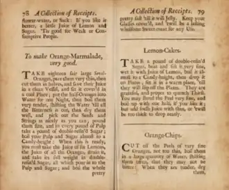 The tan colored book of Mary Kettilby's, A Collection of Above Three Hundred Receipts, pages 78 and 79.